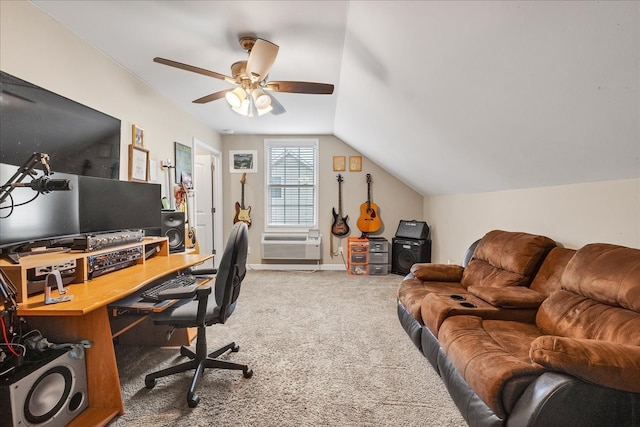 carpeted home office with lofted ceiling, ceiling fan, and cooling unit