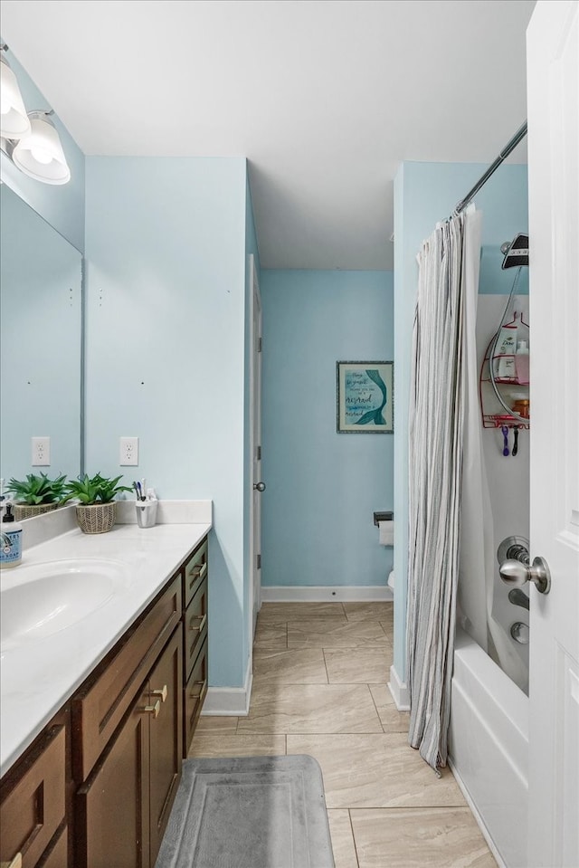 bathroom featuring vanity, shower / tub combo with curtain, and wood-type flooring