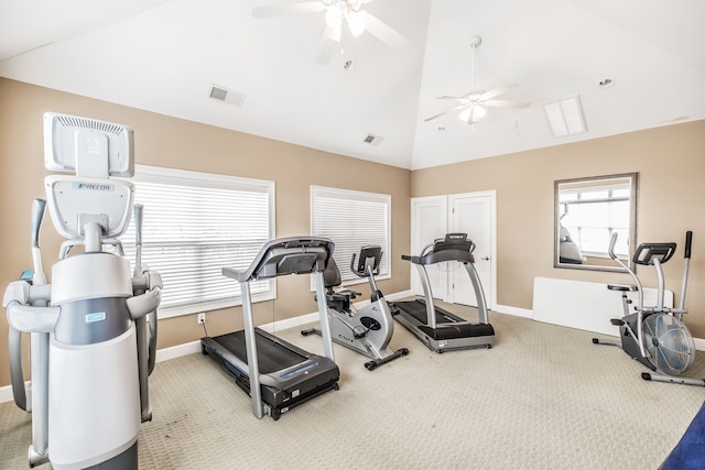 exercise area with ceiling fan, carpet flooring, and high vaulted ceiling