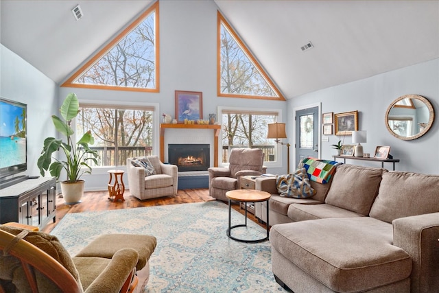 living room featuring light hardwood / wood-style flooring, high vaulted ceiling, and plenty of natural light