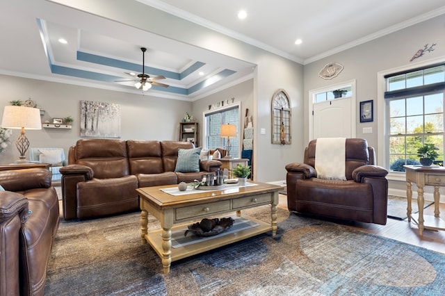 living room with wood-type flooring, a raised ceiling, ceiling fan, and crown molding