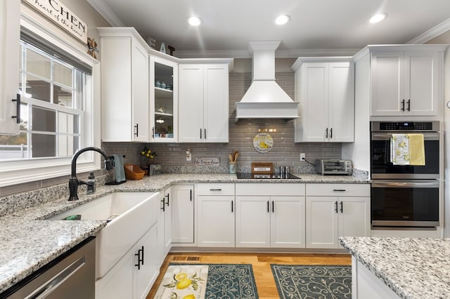 kitchen with white cabinets, sink, crown molding, appliances with stainless steel finishes, and premium range hood