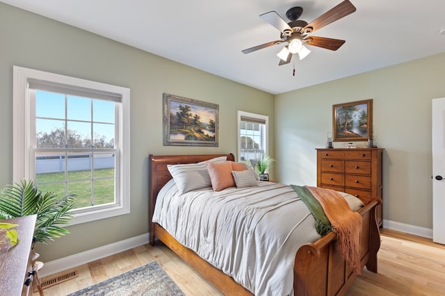 bedroom featuring ceiling fan and light hardwood / wood-style flooring