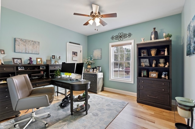 home office featuring light hardwood / wood-style floors and ceiling fan