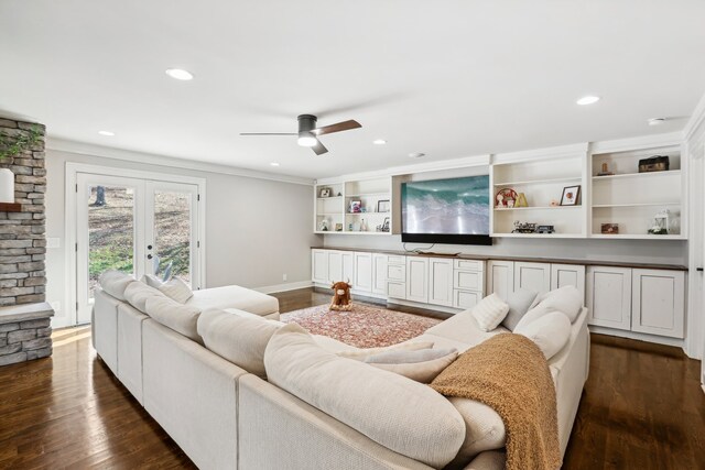 living room featuring ceiling fan, french doors, crown molding, and dark hardwood / wood-style floors