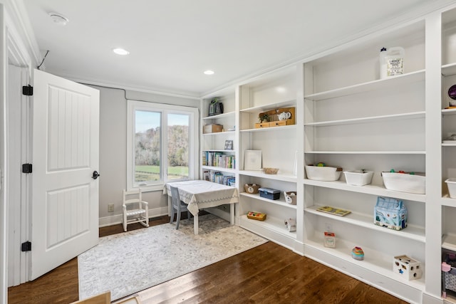 office featuring dark hardwood / wood-style floors and ornamental molding