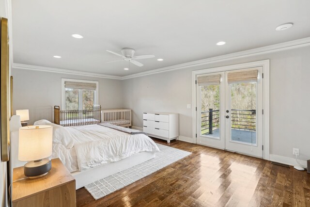 bedroom with access to exterior, ceiling fan, french doors, dark hardwood / wood-style flooring, and crown molding