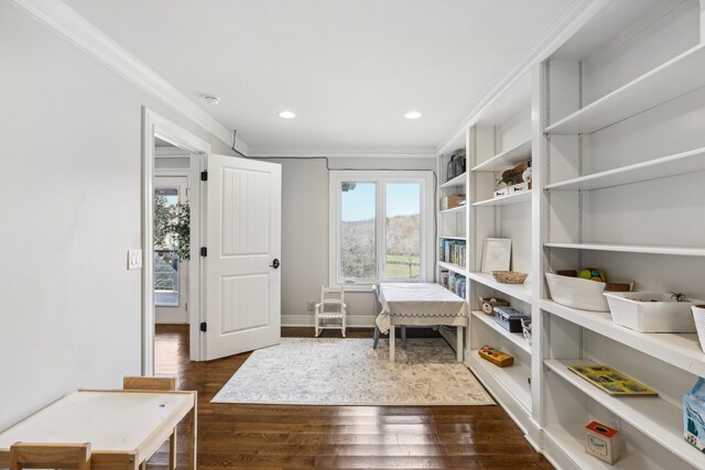 interior space featuring dark hardwood / wood-style flooring and crown molding