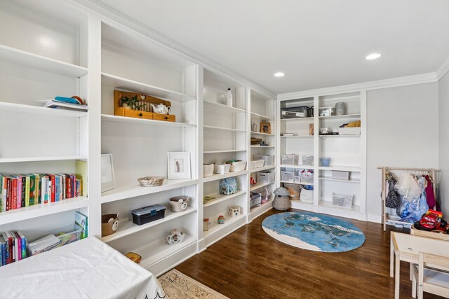 interior space with wood-type flooring and crown molding