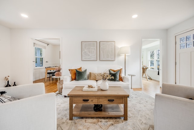 living room with light wood-type flooring and plenty of natural light