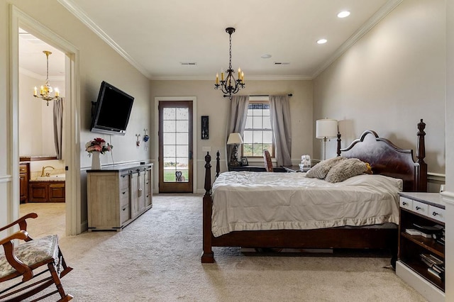 1050 Pine Creek Falls Rd, Smithville, TN 37166 - bedroom featuring a chandelier, light carpet, crown molding, connected bathroom, and a sink