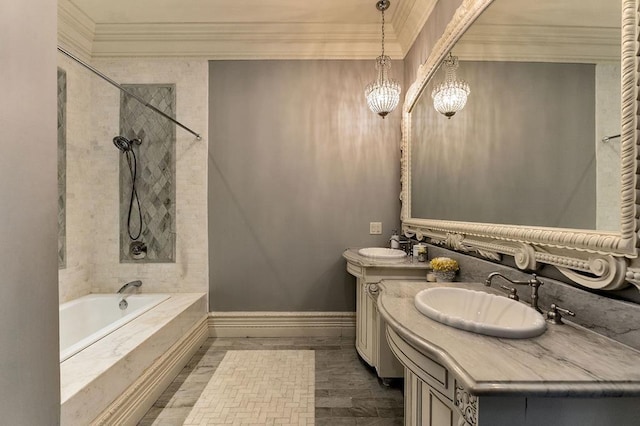 1050 Pine Creek Falls Rd, Smithville, TN 37166 - bathroom with ornamental molding, bathing tub / shower combination, double vanity, baseboards, and a chandelier