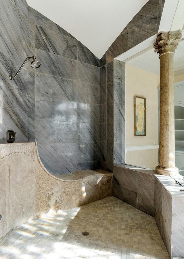 1050 Pine Creek Falls Rd, Smithville, TN 37166 - full bathroom featuring ornate columns, a tile shower, and lofted ceiling