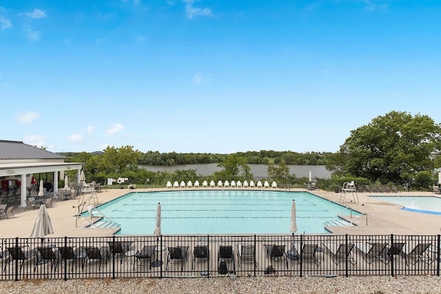 view of pool featuring a water view and a patio area