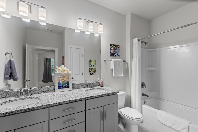 full bathroom with vanity, toilet, and shower / bathtub combination with curtain