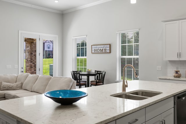 kitchen featuring dishwasher, plenty of natural light, sink, and light stone counters