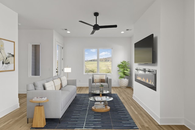 living room with wood-type flooring and ceiling fan