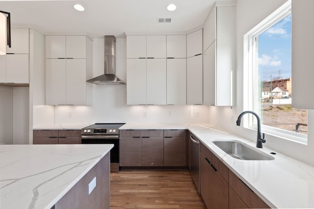 kitchen with a healthy amount of sunlight, stainless steel appliances, wall chimney exhaust hood, and sink