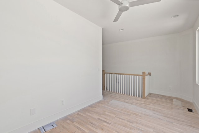 empty room featuring ceiling fan and light hardwood / wood-style flooring