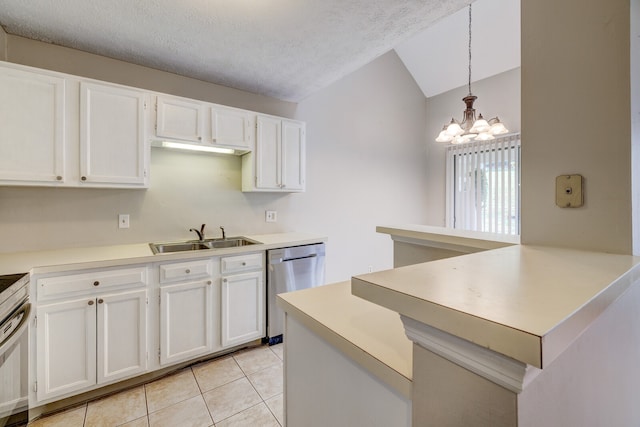 kitchen featuring pendant lighting, sink, white cabinets, dishwasher, and lofted ceiling