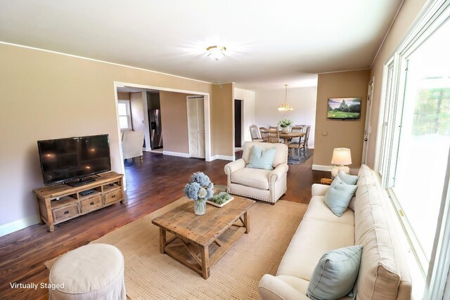 living room featuring a wealth of natural light and wood-type flooring