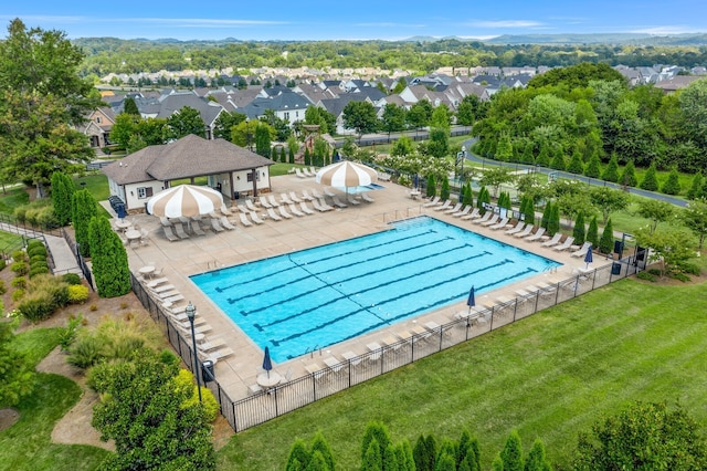 view of swimming pool featuring a patio and a yard