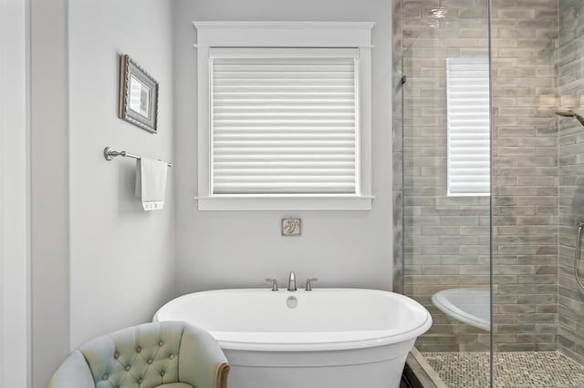 bathroom featuring a wealth of natural light and independent shower and bath