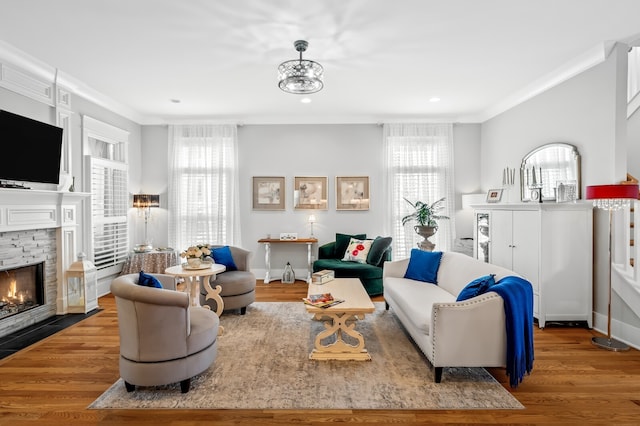 living room with ornamental molding, light hardwood / wood-style flooring, and a healthy amount of sunlight