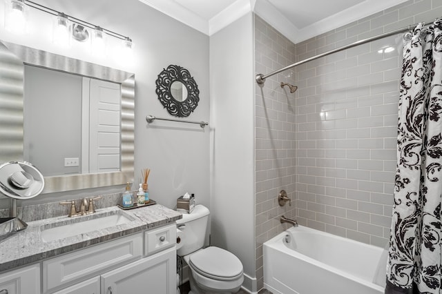 full bathroom with toilet, vanity, shower / bath combo with shower curtain, and crown molding