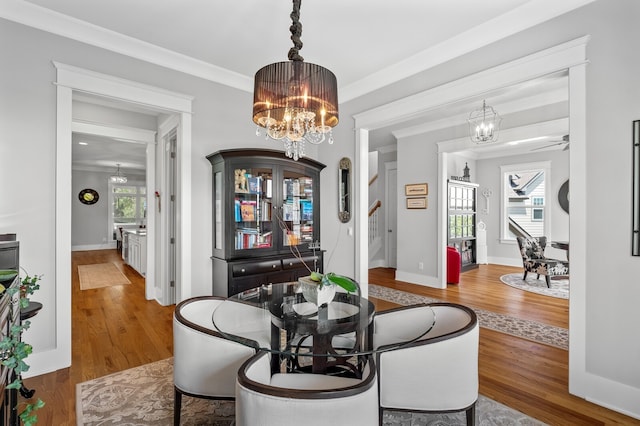 dining room with hardwood / wood-style flooring, crown molding, and ceiling fan with notable chandelier