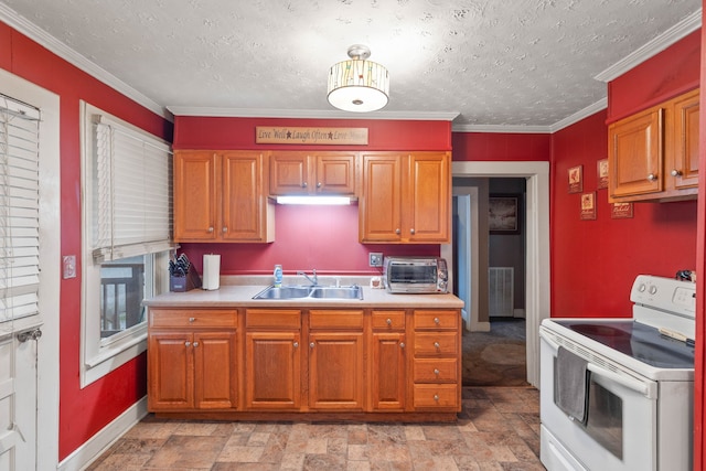 kitchen with a textured ceiling, crown molding, electric stove, and sink