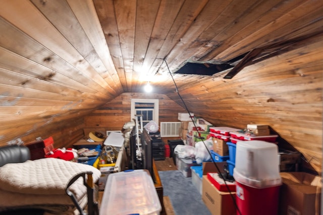 bonus room with wood walls, wooden ceiling, and lofted ceiling