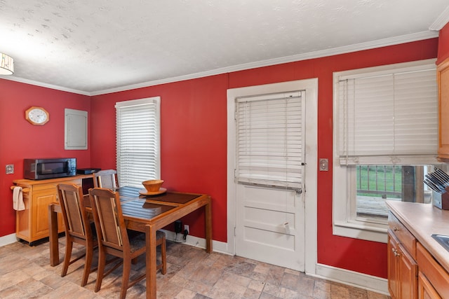 dining room with a textured ceiling, plenty of natural light, and ornamental molding