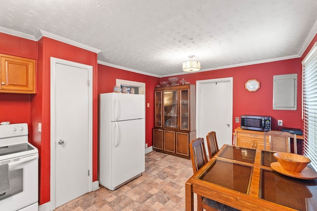 kitchen featuring a textured ceiling, white appliances, crown molding, and electric panel