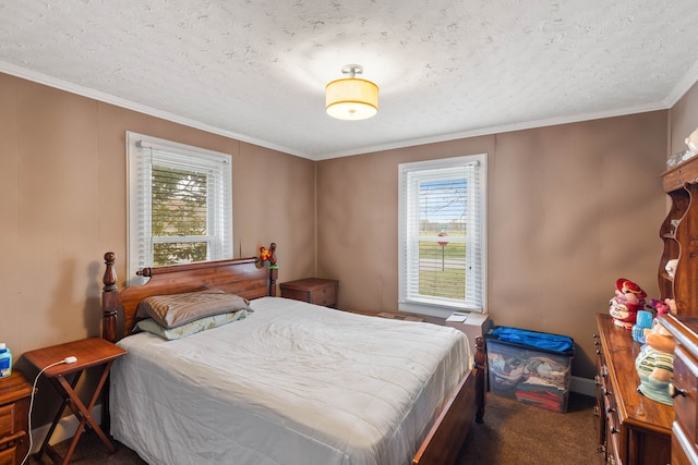 carpeted bedroom featuring a textured ceiling, multiple windows, and crown molding