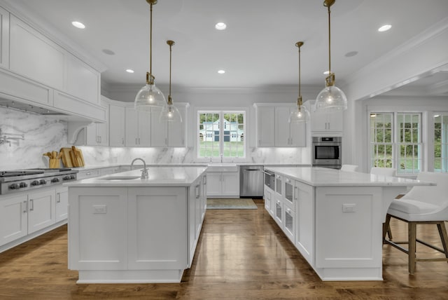 kitchen with hanging light fixtures, sink, a kitchen island with sink, and appliances with stainless steel finishes