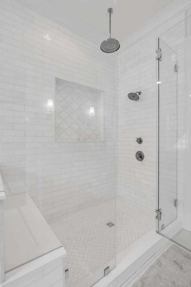 bathroom featuring a shower with door