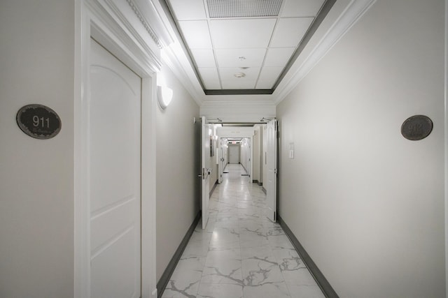 hall with ornamental molding and a drop ceiling