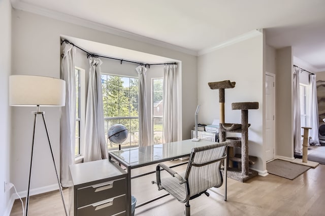 office space with light wood-type flooring and ornamental molding