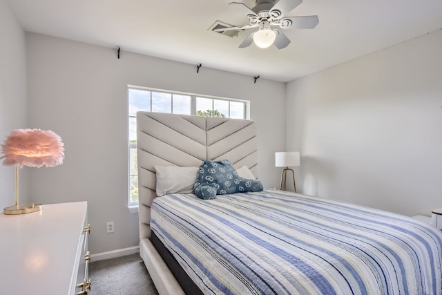 bedroom featuring ceiling fan and carpet flooring