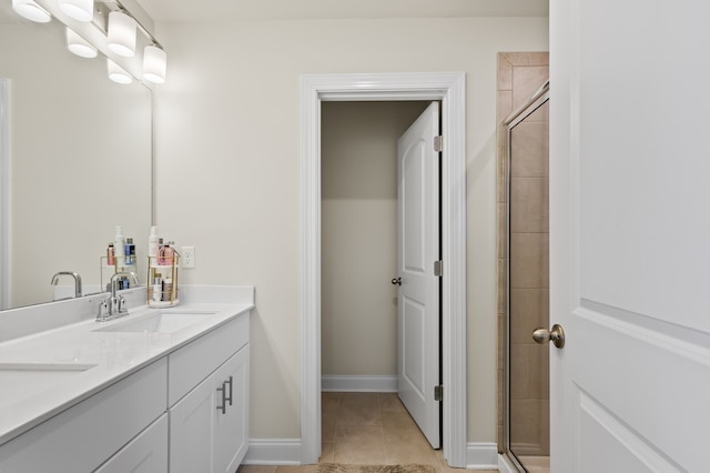 bathroom with vanity, tile patterned floors, and a shower with door