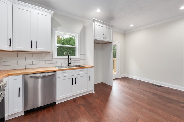 kitchen with white cabinetry, dishwasher, sink, and butcher block countertops