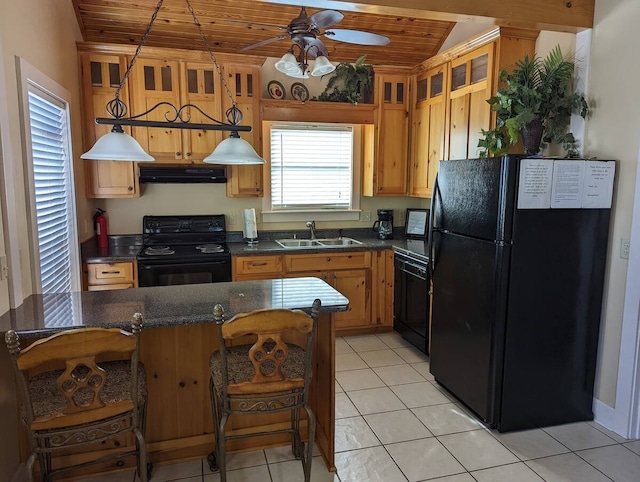 kitchen featuring sink, hanging light fixtures, black appliances, wooden ceiling, and dark stone counters