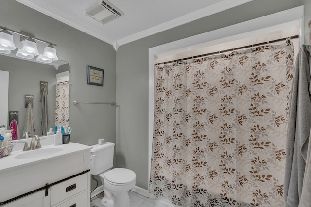 bathroom with vanity, toilet, walk in shower, and ornamental molding