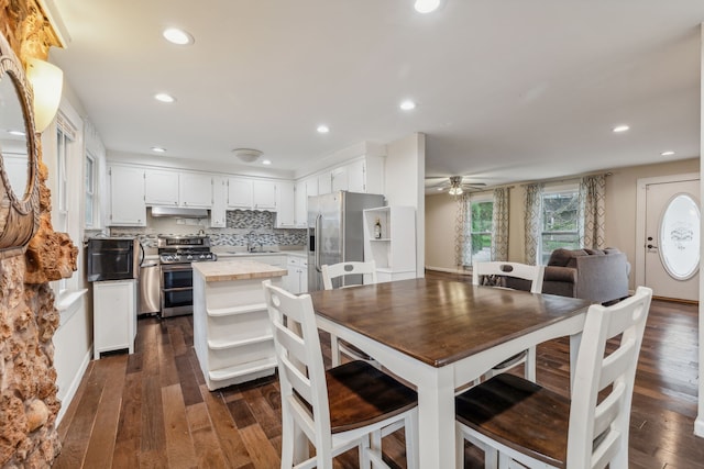 dining space with ceiling fan, dark hardwood / wood-style floors, and sink