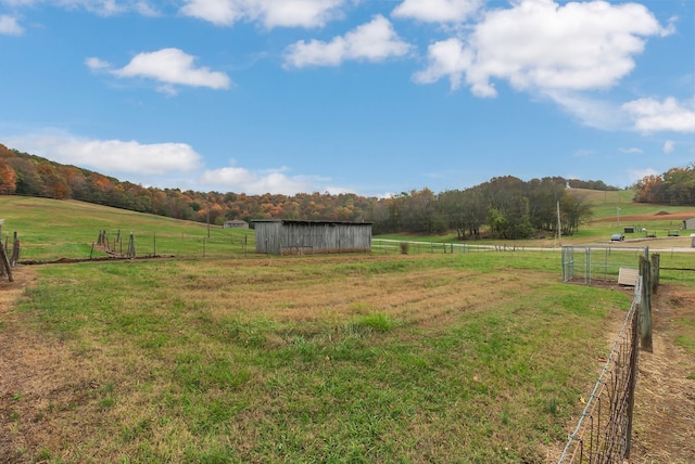 view of yard with a rural view and an outbuilding