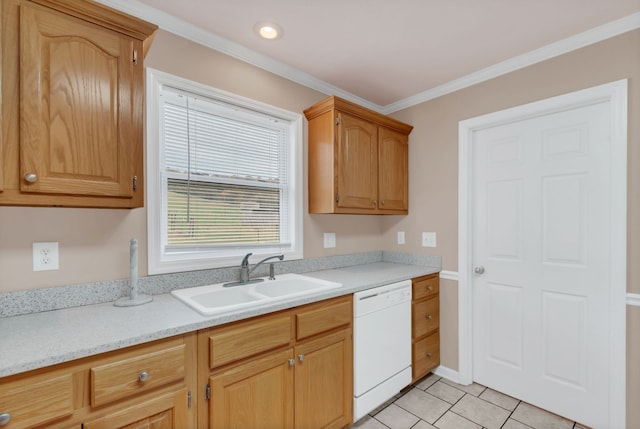 kitchen with dishwasher, sink, crown molding, and light tile patterned flooring