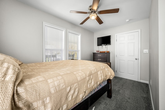 carpeted bedroom with ceiling fan