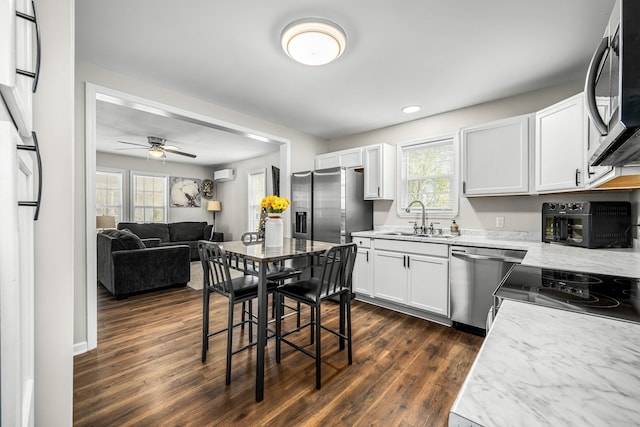 kitchen with white cabinets, sink, appliances with stainless steel finishes, dark wood-type flooring, and ceiling fan