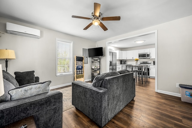 living room featuring ceiling fan, dark wood-type flooring, and a wall mounted AC